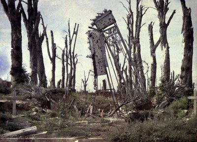 The gate of the castle and trees damaged by artillery fire, Chaulnes, Somme, France, 1917 by Fernand Cuville